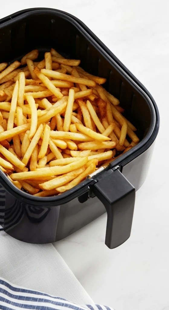 Panier de friteuse à air rempli de frites dorées